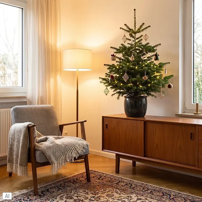 Piardino Nordmanntanne getopft - 80 cm - 100 cm, Abies nordmanniana, Topfgedrückt - Gemütliche Wohnzimmerecke mit geschmücktem Topf-Weihnachtsbaum, beleuchtet von einer Stehlampe, neben einem Sessel und einer Holzkommode.