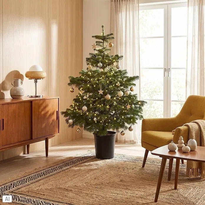 Piardino Nordmanntanne getopft - 125 cm - 150 cm, Abies nordmanniana, Topfgedrückt - Ein getopfter Weihnachtsbaum, geschmückt mit warmweißen Lichtern und goldenen sowie silbernen Ornamenten, steht in einem modernen Wohnzimmer.