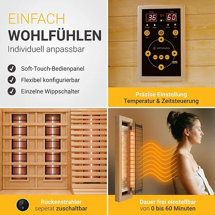 Infrarotkabine / Wärmekabine Aalborg mit Dual-Technologie & Hemlockholz -  - Infrarotsauna mit Holzwänden, digitalen Bedienelementen und separaten Rückenstrahlern.