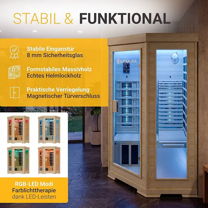 Infrarotkabine / Wärmekabine Aalborg mit Dual-Technologie & Hemlockholz -  - Helle Holz-Infrarotsauna mit Glastür und blauer Innenbeleuchtung, zeigt Farblichttherapie.