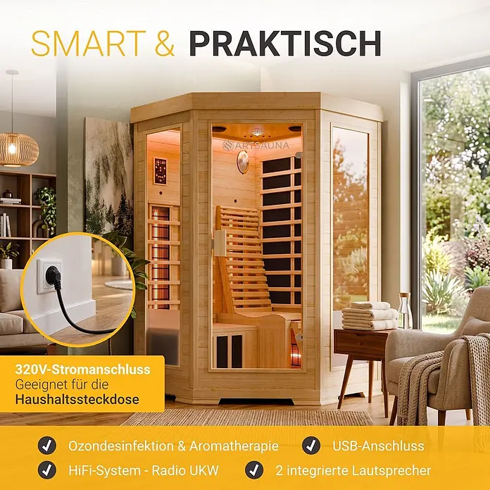 Infrarotkabine / Wärmekabine Aalborg mit Dual-Technologie & Hemlockholz -  - Eck-Infrarotsauna aus hellem Holz in modernem Wohnambiente, betont Haushaltsstromanschluss & Smart-Funktionen.