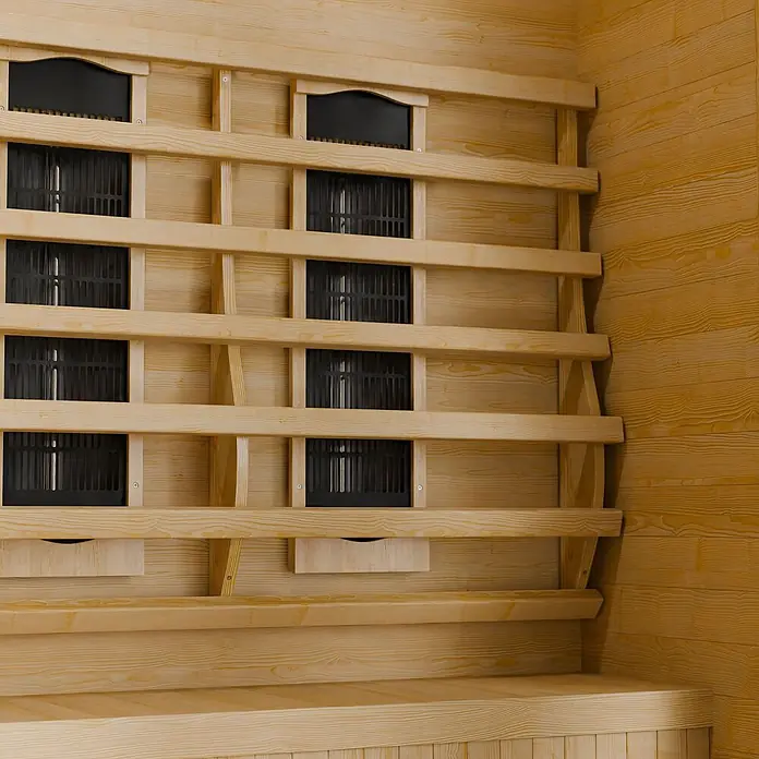 Artsauna Elementsauna - L x B x H: 150 x 150 x 190 cm - Innenansicht einer hellen Holz-Infrarotsauna mit mehreren schwarzen Heizelementen in den Lamellenwänden und einer Holzbank.