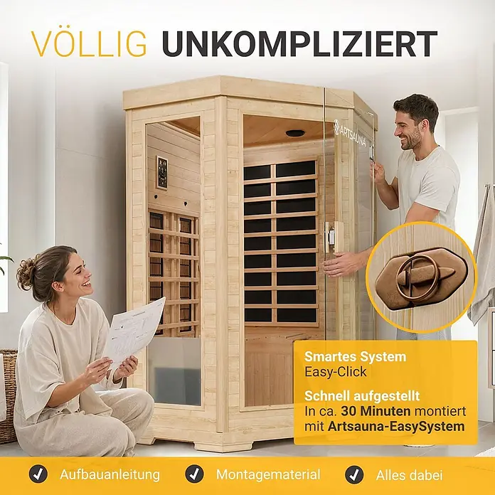 Infrarotkabine / Wärmekabine Aalborg mit Dual-Technologie & Hemlockholz -  - Zwei Erwachsene bauen eine helle Infrarotsauna aus Holz mit Easy-Click-System schnell auf.