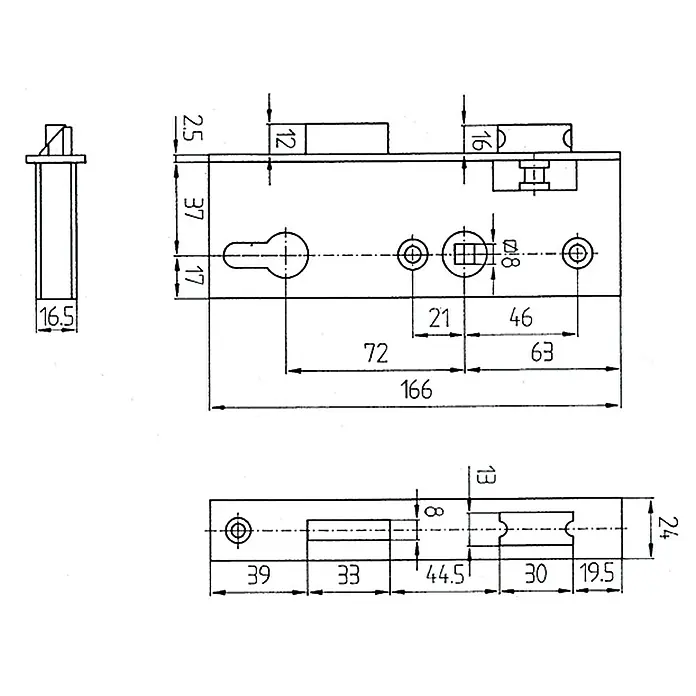 Gartentor-Einsteckschloss - Links/Rechts, Dornmaß: 40 mm - Detailzeichnung eines Schlosses mit präzisen Maßangaben, ideal für technische Dokumentationen und Baupläne.