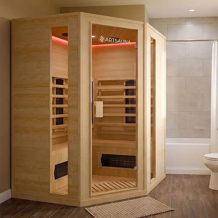 Artsauna Elementsauna - L x B x H: 150 x 150 x 190 cm - Eck-Infrarotsauna aus hellem Holz mit Glastür und roter Innenbeleuchtung in einem modernen Badezimmer.