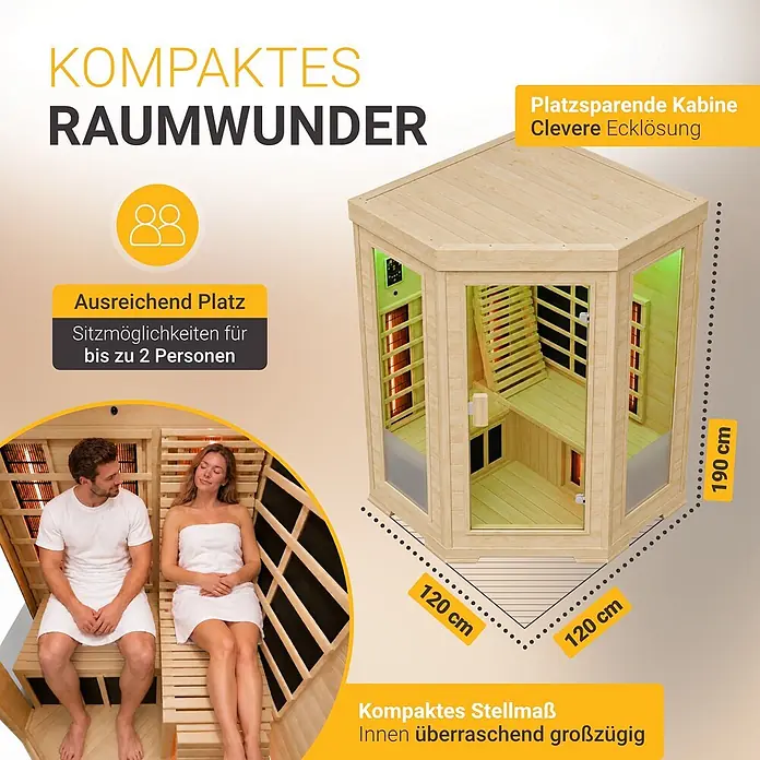 Infrarotkabine / Wärmekabine Aalborg mit Dual-Technologie & Hemlockholz -  - Hölzerne Eck-Infrarotsauna für 2 Personen, Maße 120x120x190 cm. Kompaktes, platzsparendes Design.