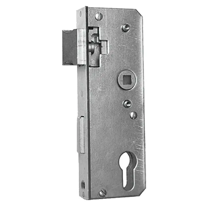Gartentor-Einsteckschloss - Links/Rechts, Dornmaß: 40 mm - Nahaufnahme eines silberfarbenen Einsteckschlosses, das ein robustes Design mit Schlüsselloch und Bolzen zeigt, ideal für Sicherheit.