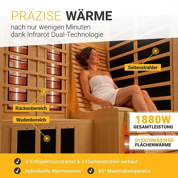 Infrarotkabine / Wärmekabine Aalborg mit Dual-Technologie & Hemlockholz -  - Infrarot-Sauna aus hellem Holz mit entspannter Frau, zeigt Heizbereiche und Infrarot Dual-Technologie für präzise Wärme.