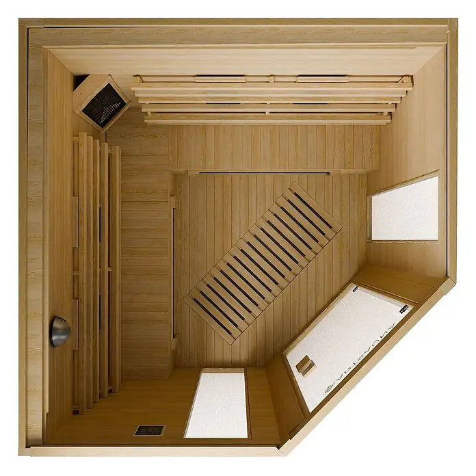 Artsauna Elementsauna - L x B x H: 150 x 150 x 190 cm - Draufsicht auf eine helle Holzsauna mit Lattenbänken, Eckofen und Bodenrost.