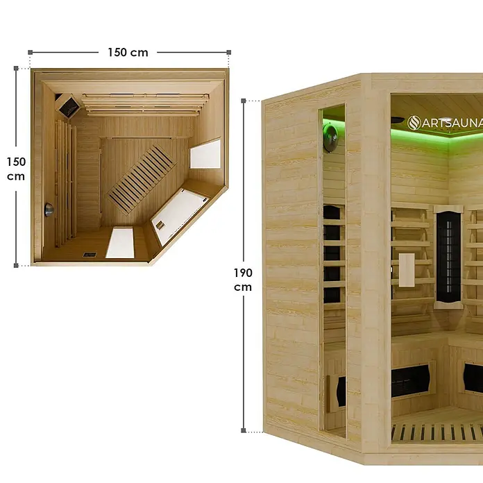 Artsauna Elementsauna - L x B x H: 150 x 150 x 190 cm - Eck-Infrarotsauna aus Holz mit Innenmaßen von 150x150 cm und einer Höhe von 190 cm.
