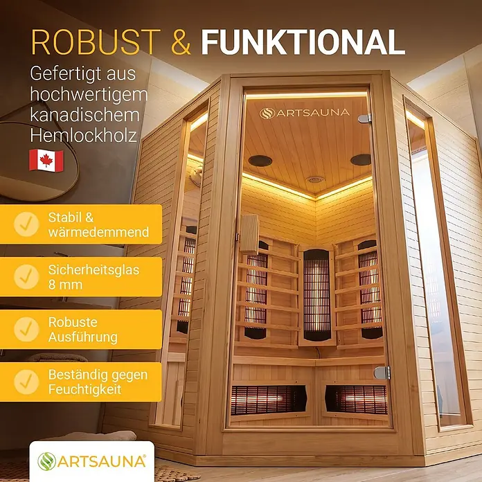 Infrarotkabine/Wärmekabine Nyborg E150V mit Vollspektrum-, Flächenstrahlern & Hemlockholz -  - Moderne ARTSAUNA Infrarotsauna aus hellem kanadischem Hemlockholz mit Glastür und Heizelementen.