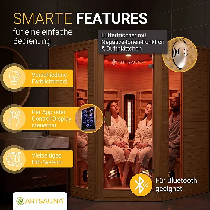 Infrarotkabine/Wärmekabine Nyborg E150V mit Vollspektrum-, Flächenstrahlern & Hemlockholz -  - Eine Innensauna mit Holzeinrichtung, roter Beleuchtung und drei entspannenden Personen, die ihre intelligenten Funktionen hervorhebt.