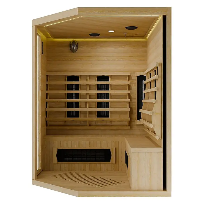 Artsauna Elementsauna - L x B x H: 150 x 150 x 190 cm - Innenansicht einer Infrarotsauna aus hellem Holz, mit Bänken, holzvergitterten Heizstrahlern und Deckenbeleuchtung.