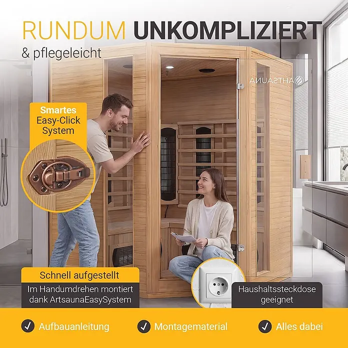 Infrarotkabine Nyborg E150V Vollspektrum mit Ambiente Beleuchtung -  - Holz-Infrarotsauna in modernem Raum. Mann montiert mit Easy-Click System, Frau sitzt innen. Geeignet für Haushaltssteckdose.