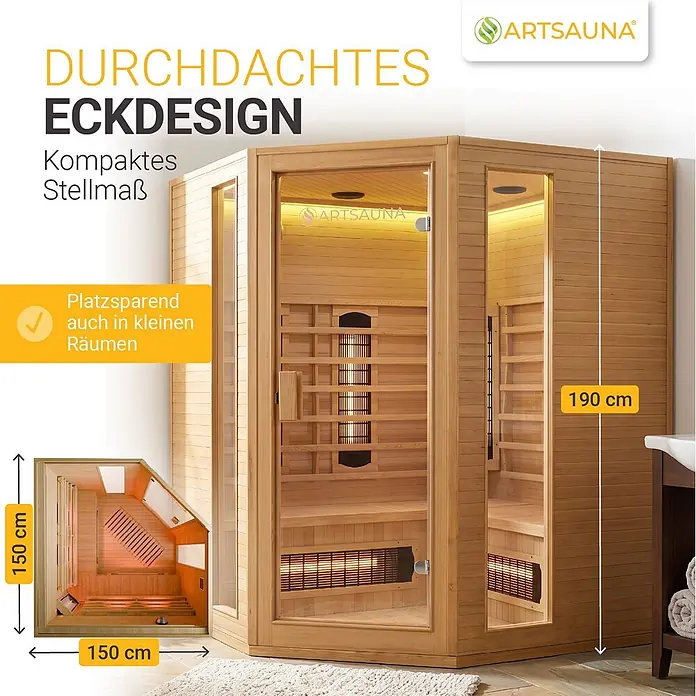 Infrarotkabine Nyborg E150V Vollspektrum mit Ambiente Beleuchtung -  - Eck-Infrarotsauna aus Holz mit Glastüren und kompakten Maßen (150x150x190 cm), platzsparend für kleine Räume.