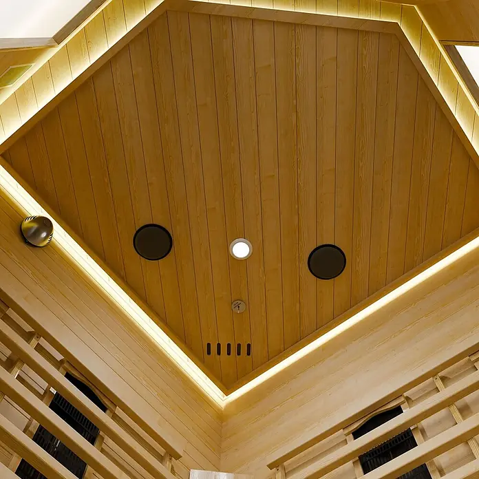 Artsauna Elementsauna - L x B x H: 150 x 150 x 190 cm - Heller Holzsauna-Innenraum mit integrierter LED-Beleuchtung, Einbaustrahlern, Lautsprechern und Belüftung, mit Lamellenwänden.