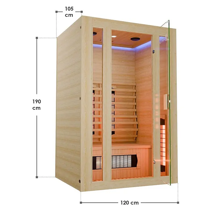 Infrarotkabine/Wärmekabine Nyborg S120V mit Vollspektrum-, Flächenstrahler & Hemlockholz -  - Holz-Infrarotsauna mit Glasfront, Innensitzbänken und Heizelementen. Maße: 190x105x120 cm.