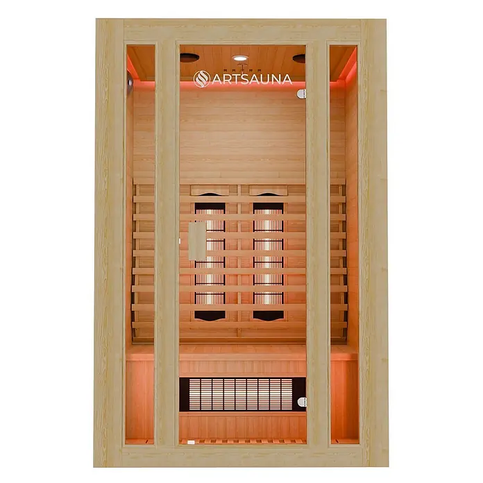 Infrarotkabine Nyborg S120V Vollspektrumstrahler & LED Beleuchtung -  - Infrarotsauna aus hellem Holz mit Glastür und glühenden Innenheizern.