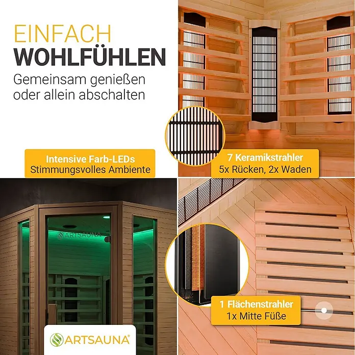 Infrarotkabine Nyborg E150V Vollspektrum mit Ambiente Beleuchtung -  - Holz-Infrarotsauna mit Farb-LEDs, Keramikstrahlern für Rücken/Waden und Flächenstrahler für Füße.