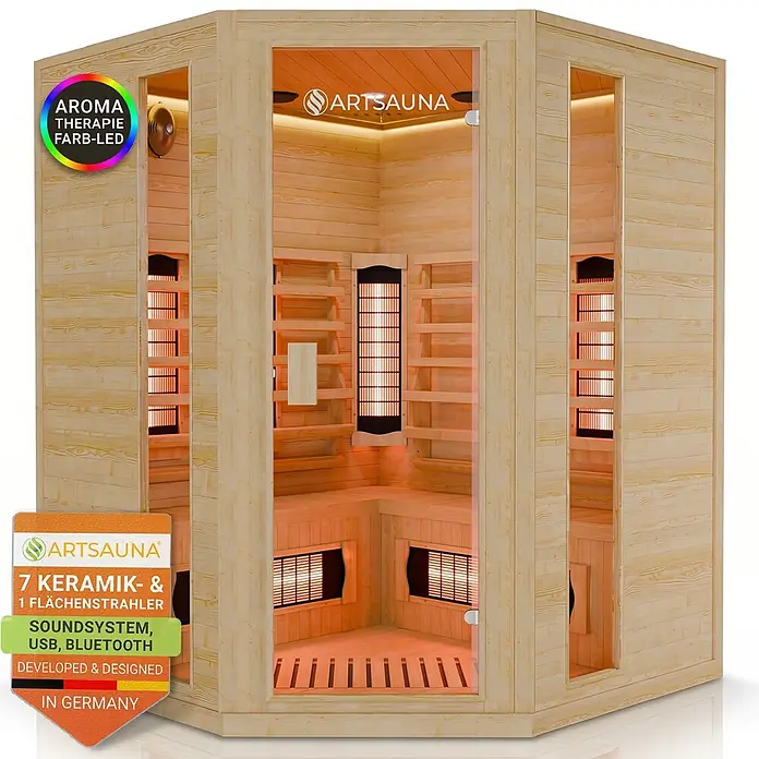 Infrarotkabine Nyborg E150V Vollspektrum mit Ambiente Beleuchtung -  - Infrarotkabine aus hellem Holz mit mehreren Strahlern, Aromatherapie-LED-Beleuchtung und Soundsystem.