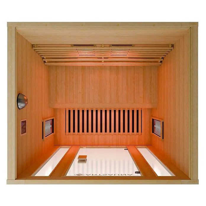 Infrarotkabine Nyborg S120V Vollspektrumstrahler & LED Beleuchtung -  - Innenansicht einer hellen Infrarotsauna aus Holz mit Bänken, Bedienfeld und glühenden Heizungen.