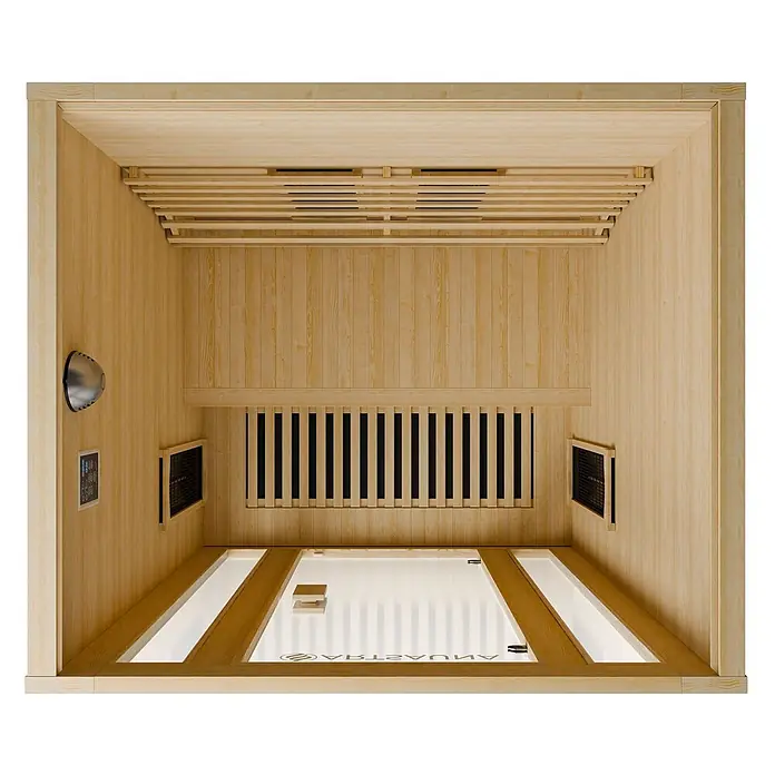 Artsauna Elementsauna - L x B x H: 105 x 120 x 190 cm - Innenansicht einer hellen Holzsaunakabine mit Lattenbänken, Wandpaneelen, einer Steuerung und Heizgittern.