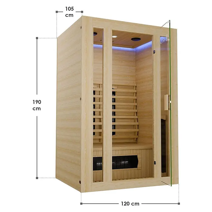 Artsauna Elementsauna - L x B x H: 105 x 120 x 190 cm - Infrarotsauna aus hellem Holz mit Glastür und schwarzen Heizelementen, Maße: 190x120x105 cm.