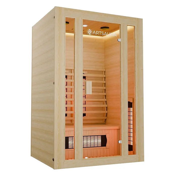 Infrarotkabine/Wärmekabine Nyborg S120V mit Vollspektrum-, Flächenstrahler & Hemlockholz -  - Helle Holz-Infrarotsauna mit Glastüren, Bänken und glühenden Heizstrahlern im Inneren.