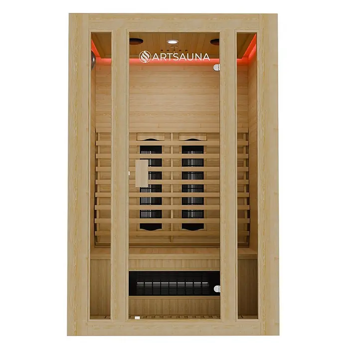 Artsauna Elementsauna - L x B x H: 105 x 120 x 190 cm - Innenansicht einer hellen Holz-Infrarotsauna mit Heizstrahlern und Sitzbank, rot beleuchtet.