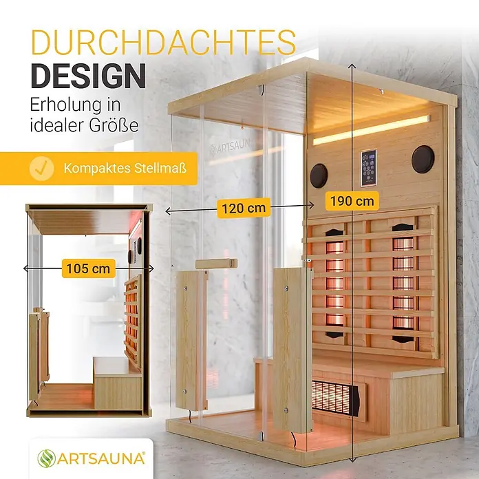 Infrarotkabine Göteborg 2 Personen mit Vollspektrumstrahlern -  - Helle Infrarotsauna aus Holz mit Glasfront und Maßen von 120x105x190 cm.