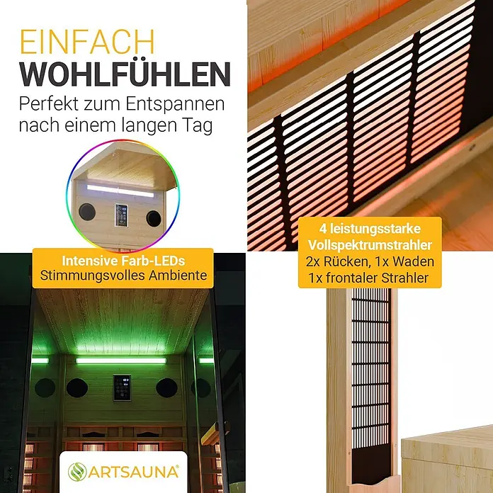 Infrarotkabine Göteborg 1 Person mit Vollspektrumstrahlern -  - Hölzerne Infrarotsauna mit Vollspektrumstrahlern und farbigen LEDs für Entspannung.