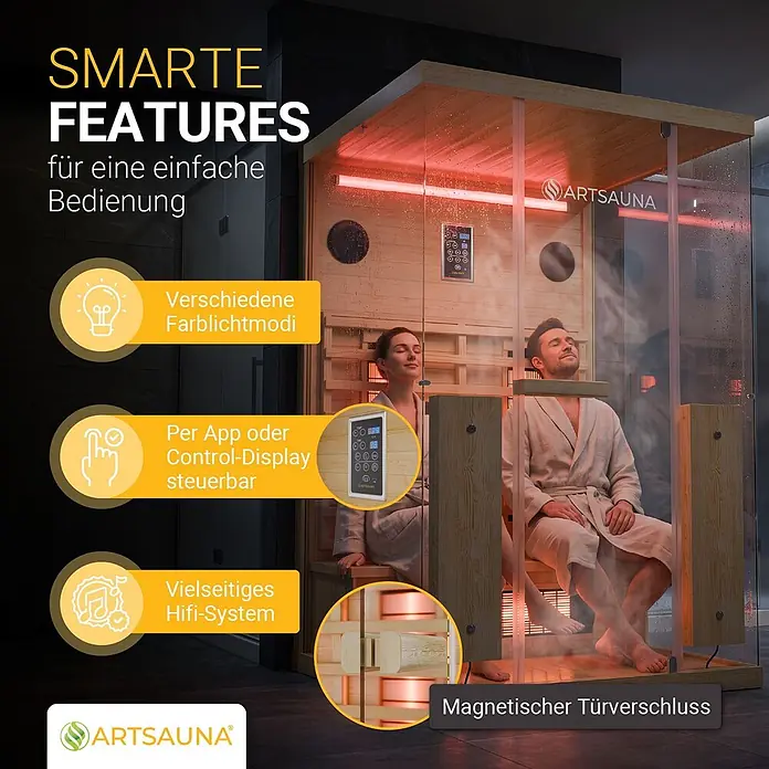 Infrarotkabine Göteborg 2 Personen mit Vollspektrumstrahlern -  - Infrarotsauna aus hellem Holz und Glas, mit zwei Personen. Verfügt über Farblicht, App-Steuerung und einen Magnetverschluss.