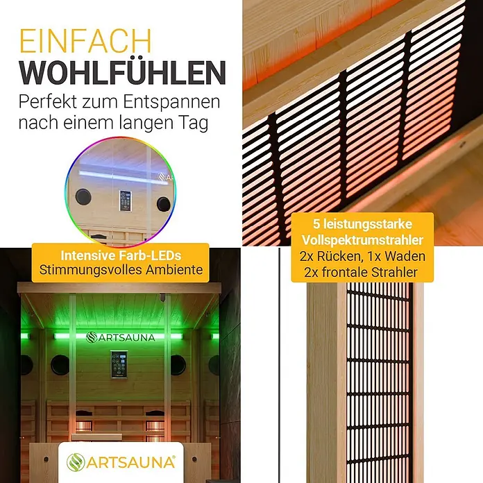 Infrarotkabine Göteborg 2 Personen mit Vollspektrumstrahlern -  - Eine Infrarotsauna aus Holz mit farbiger LED-Beleuchtung und fünf Vollspektrumstrahlern zur Körperentspannung.