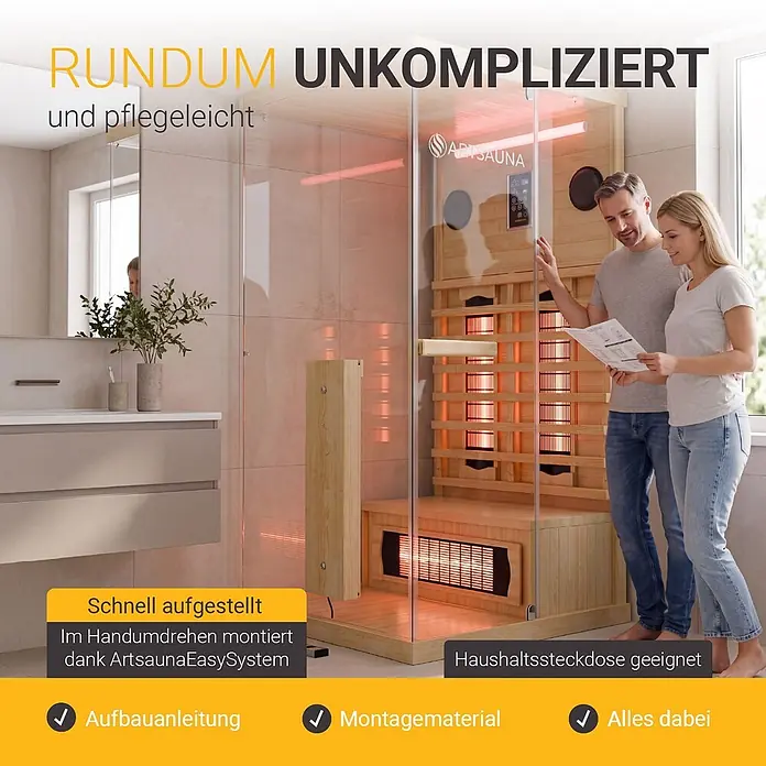 Infrarotkabine Göteborg 1 Person mit Vollspektrumstrahlern -  - Paar montiert eine moderne Infrarotsauna aus Holz und Glas in einem Badezimmer. Sie hat rot glühende Heizstrahler und ist leicht aufzubauen.