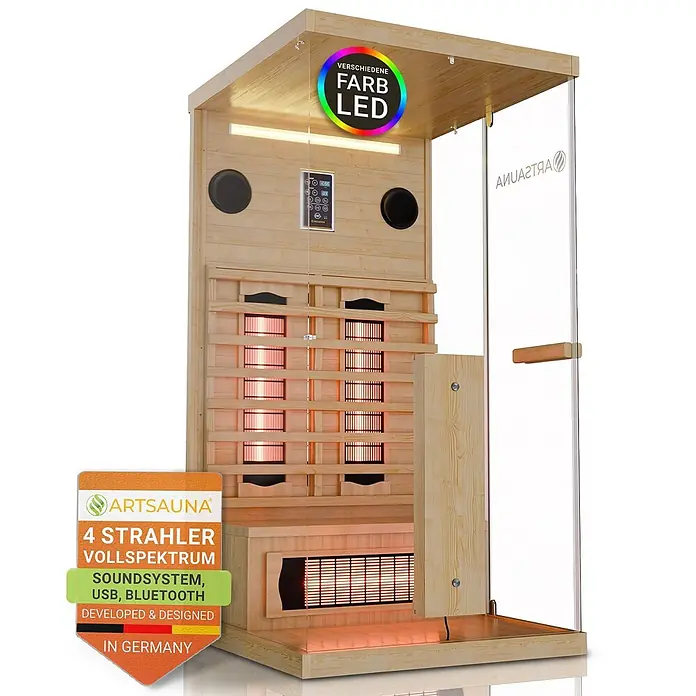 Infrarotkabine Göteborg 1 Person mit Vollspektrumstrahlern -  - Infrarotsauna aus hellem Holz mit leuchtenden Heizstrahlern, Glastür, Bedienfeld und LED-Licht.