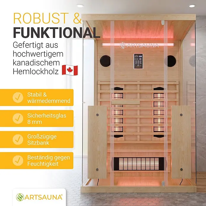 Infrarotkabine Göteborg 2 Personen mit Vollspektrumstrahlern -  - Robuste Infrarotsauna aus hochwertigem kanadischem Hemlockholz, mit Glasfront und internen Heizelementen.