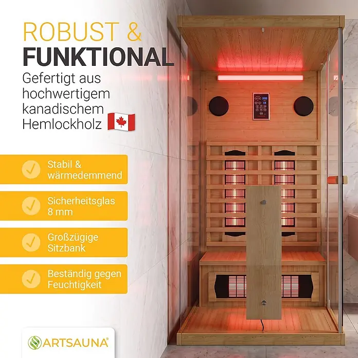 Infrarotkabine Göteborg 1 Person mit Vollspektrumstrahlern -  - Infrarotsauna aus kanadischem Hemlockholz mit rot leuchtenden Heizstrahlern in modernem Bad.