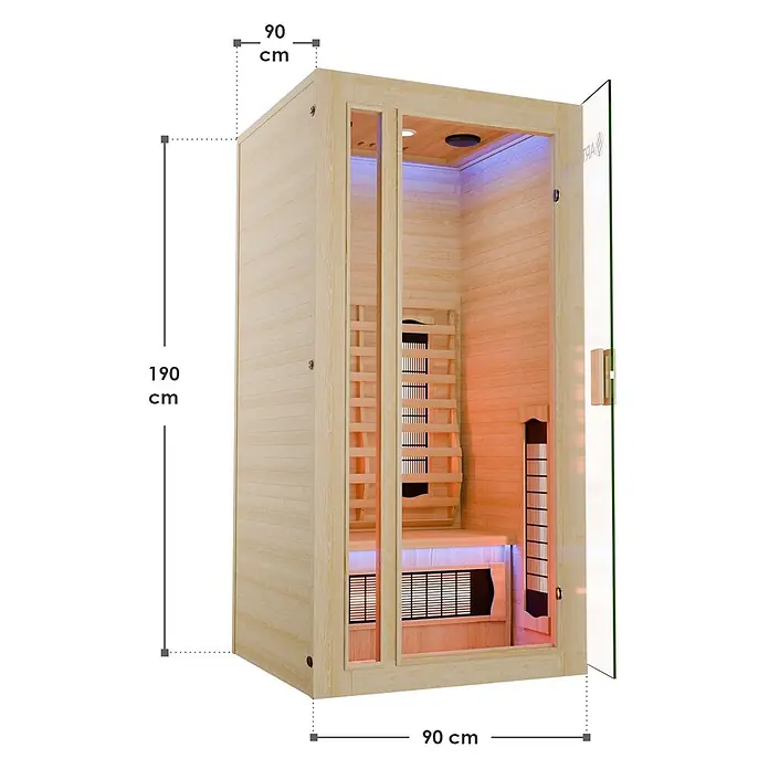 Infrarotkabine/Wärmekabine Nyborg S90V mit Vollspektrum-, Flächenstrahler & Hemlockholz -  - Kompakte Infrarot-Saunakabine aus hellem Holz mit Glastür, Maße 190x90x90 cm.