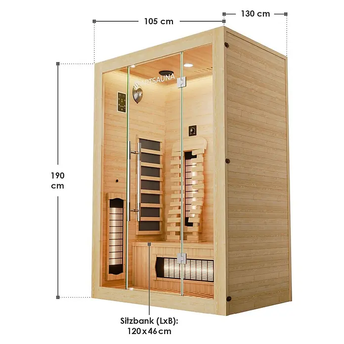Infrarotkabine Kiruna130 Premium -  - Helle Holz-Infrarotsauna mit Glastür, internen Heizungen, Bedienfeld und einer 120x46 cm Sitzbank.