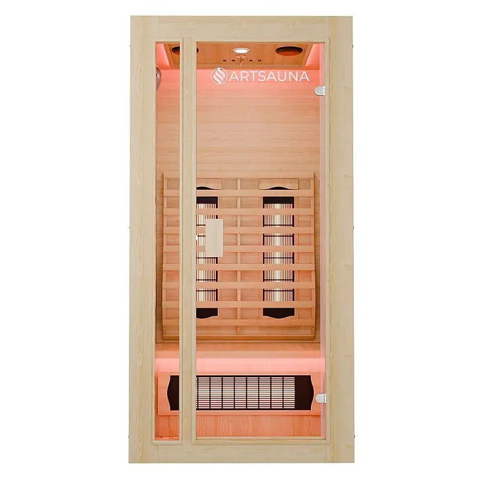 Infrarotkabine/Wärmekabine Nyborg S90V mit Vollspektrum-, Flächenstrahler & Hemlockholz -  - Infrarotsauna in heller Holzoptik mit Glastür und roter Innenbeleuchtung, die mehrere Heizelemente zeigt.