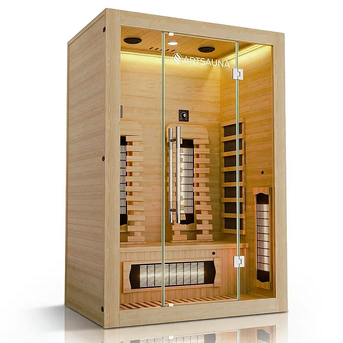 Infrarotkabine Kiruna130 Premium -  - Infrarotkabine aus hellem Holz mit Glastür und Innenbeleuchtung, mit mehreren Heizelementen.