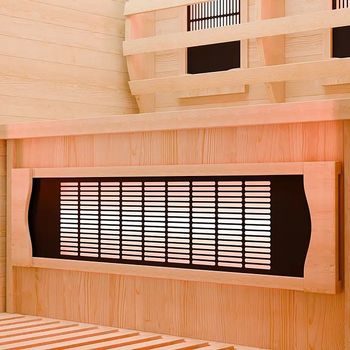 Infrarotkabine Nyborg S90V Vollspektrumstrahler & LED Beleuchtung -  - Innenansicht einer hellen Infrarotsauna aus Holz mit glühenden roten Paneelheizern.