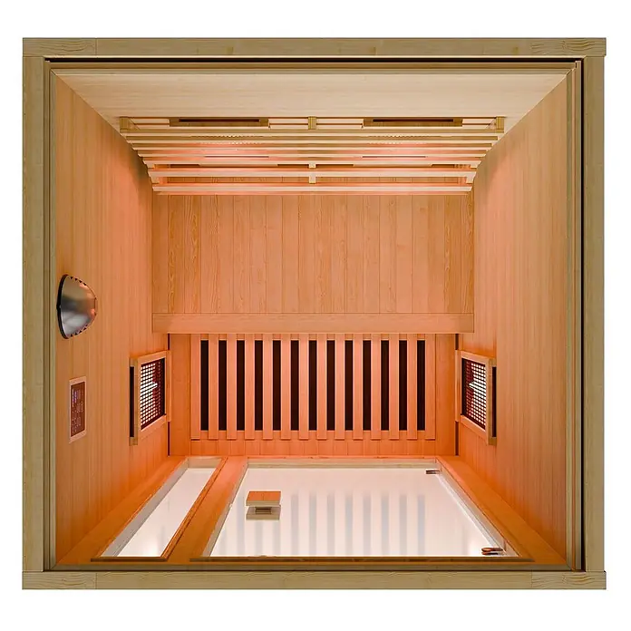 Infrarotkabine/Wärmekabine Nyborg S90V mit Vollspektrum-, Flächenstrahler & Hemlockholz -  - Hölzerner Infrarotsauna-Innenraum mit glühenden Heizungen, Bänken und Bedienfeld.