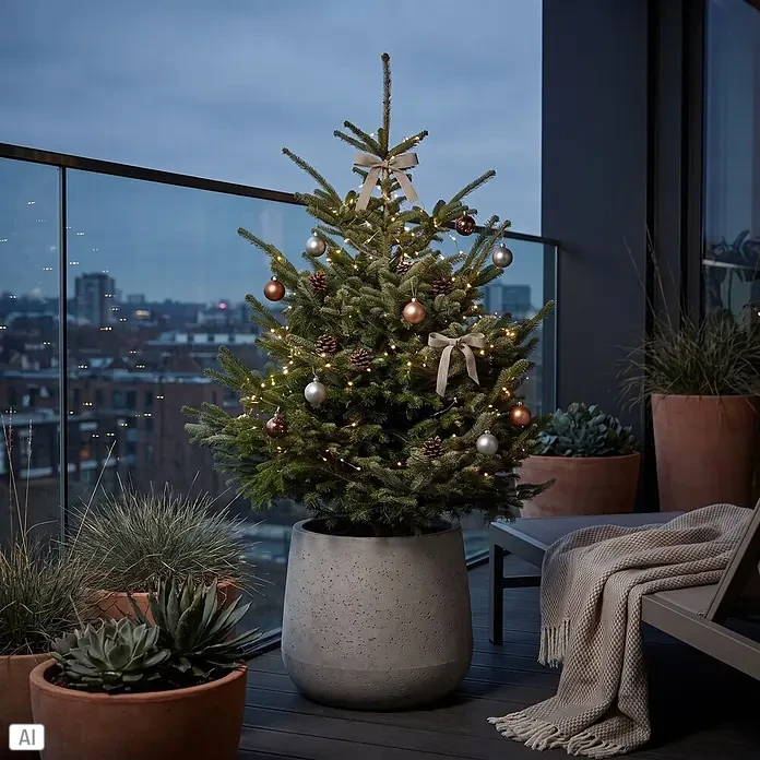 Piardino Nordmanntanne getopft - 125 cm - 150 cm, Abies nordmanniana, Topfgewachsen - Ein geschmückter Weihnachtsbaum in einem grauen Topf auf einem Balkon mit Stadtblick. Verziert mit Lichtern, Kugeln und Schleifen.