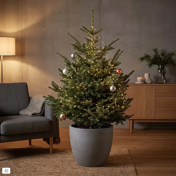 Piardino Nordmanntanne getopft - 150 cm - 175 cm, Abies nordmanniana, Topfgewachsen - Ein geschmückter Weihnachtsbaum mit warmweißen Lichtern und silbernen und roségoldenen Kugeln in einem grauen Topf in einem gemütlichen Raum.