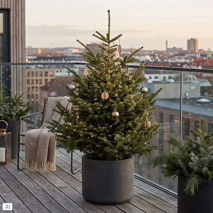 Piardino Nordmanntanne getopft - 125 cm - 150 cm, Abies nordmanniana, Topfgewachsen - Weihnachtsbaum im Topf mit Lichtern und Dekoration auf einem Balkon mit Stadtblick.