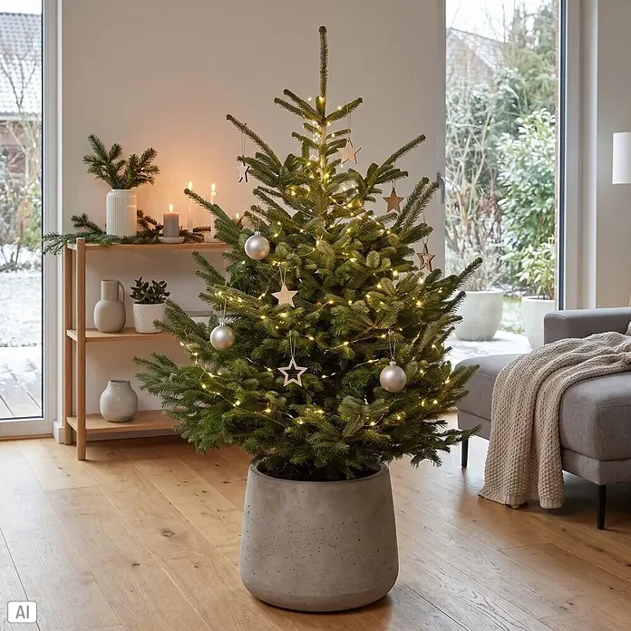 Piardino Nordmanntanne getopft - 125 cm - 150 cm, Abies nordmanniana, Topfgewachsen - Ein Weihnachtsbaum im Betonkübel, geschmückt mit Lichtern und Ornamenten, steht in einem modernen Wohnzimmer.