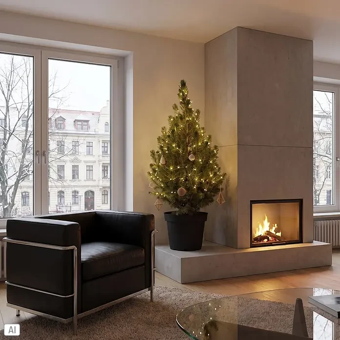 Piardino Zuckerhutfichte getopft - 70 cm - 80 cm, Picea glauca Conica, Topfgröße: 8 l - Im Topf stehender Weihnachtsbaum mit warmen Lichtern und minimalistischen Ornamenten neben einem Kamin.