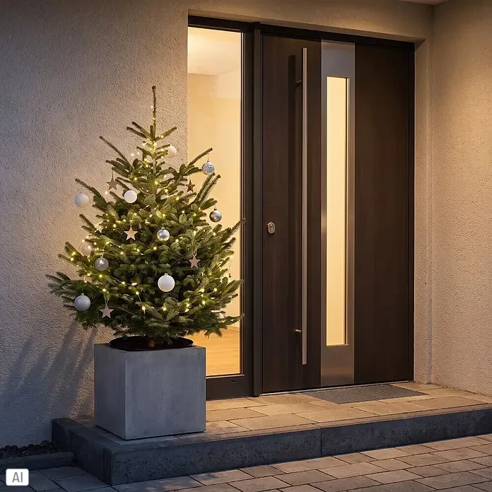 Piardino Nordmanntanne getopft - 150 cm - 175 cm, Abies nordmanniana, Topfgewachsen - Ein kleiner Weihnachtsbaum in einem Betonkübel, mit Lichtern und Kugeln geschmückt, steht vor einer modernen Haustür.