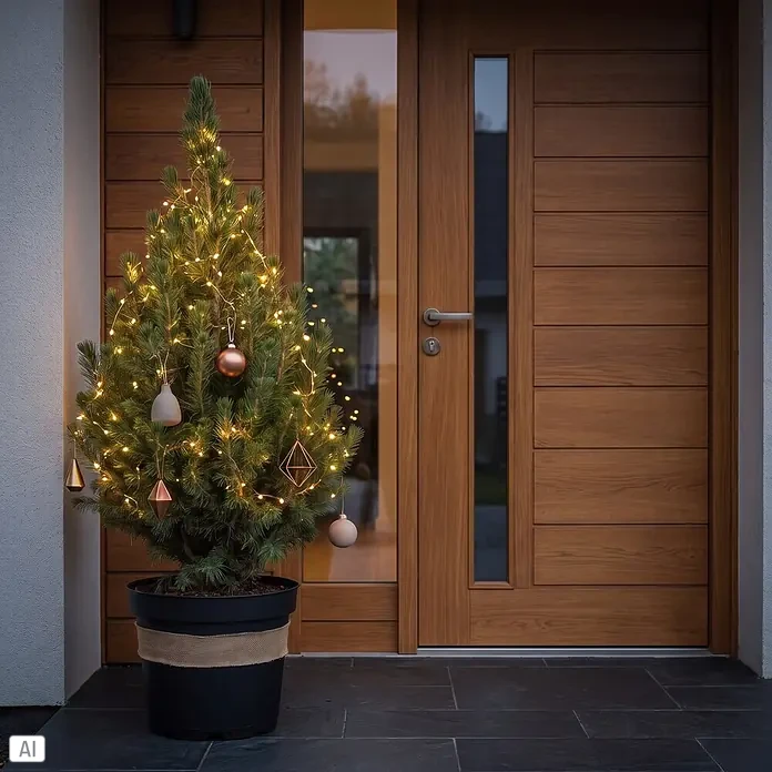 Piardino Zuckerhutfichte getopft - 70 cm - 80 cm, Picea glauca Conica, Topfgröße: 8 l - Topf-Weihnachtsbaum mit warmweißen Lichtern und metallischen Ornamenten, schmückt einen modernen Holzeingang.